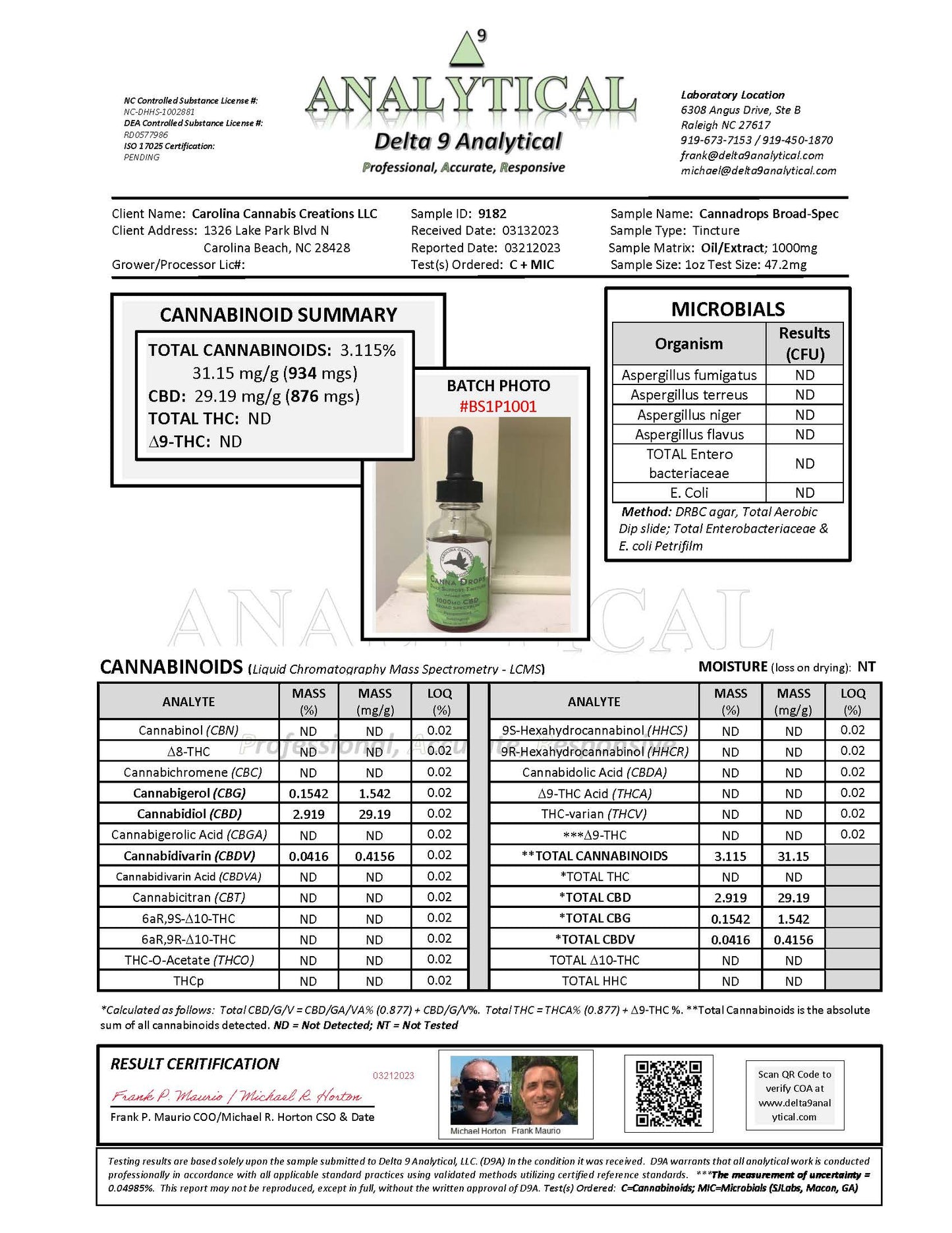 Canna Drops broad spectrum Daily Support 1000mg tincture - Carolina Cannabis Creations