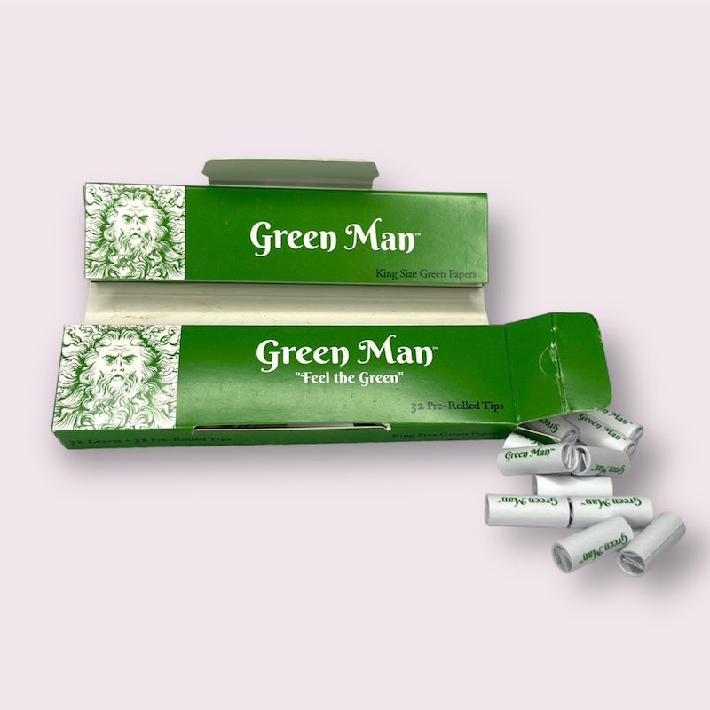 Green Man King Size Green Rice Papers with Pre-Rolled Tips Box